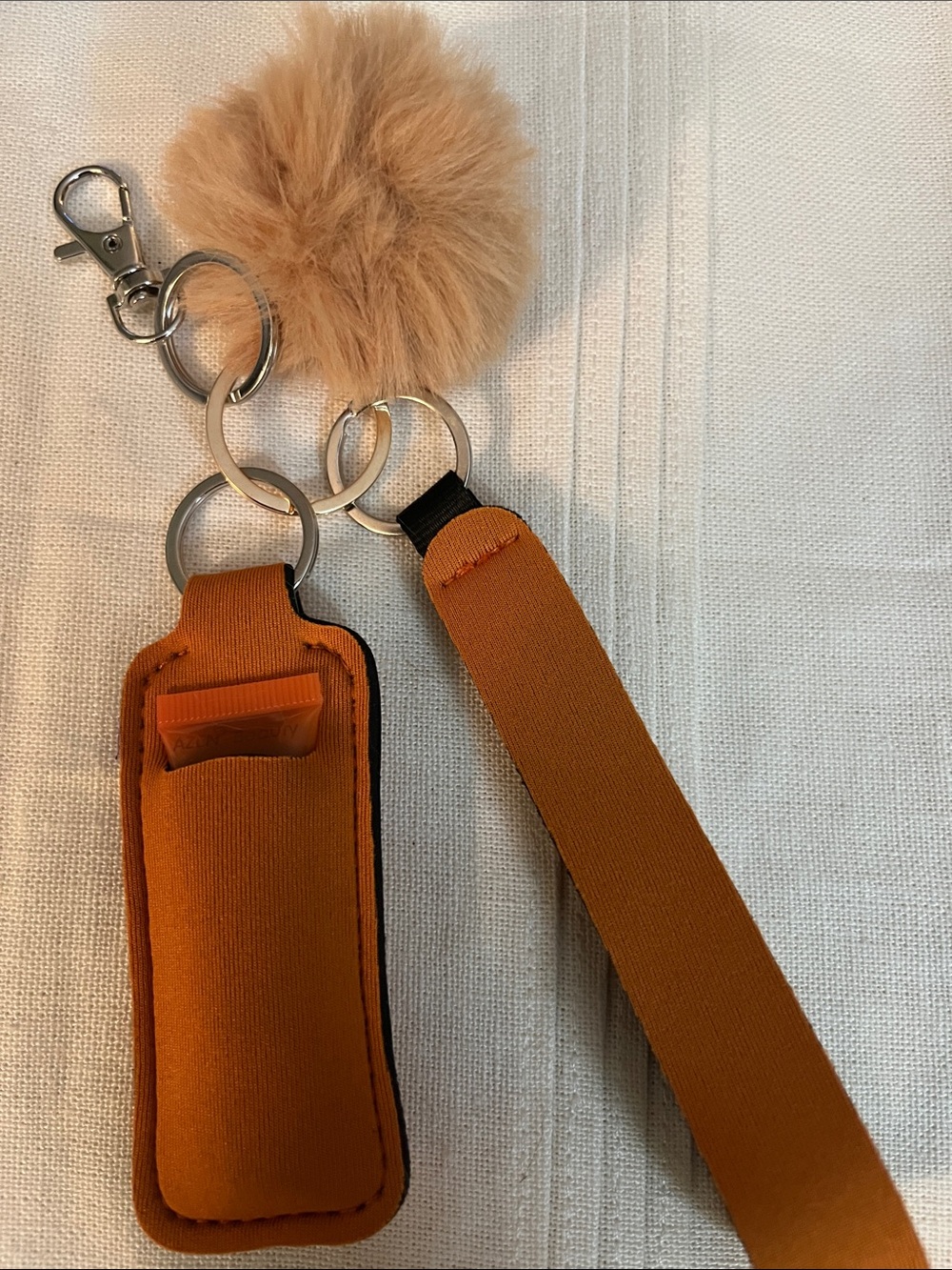 Orange Pom-Pom Keychain & Lip Balm Holder Lanyard